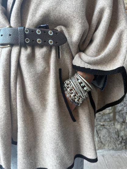 Cashmere Knit Cardigan Poncho - Oatmeal with Black Trim