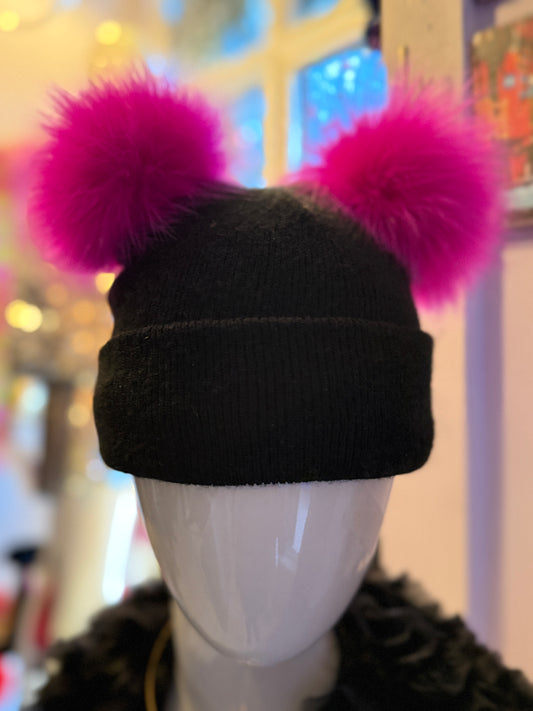 Black knitted beanie with Hot Pink fur pom poms