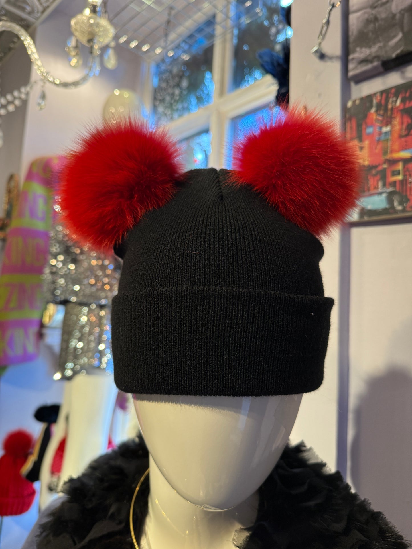 Black knitted beanie with Red fur pom poms