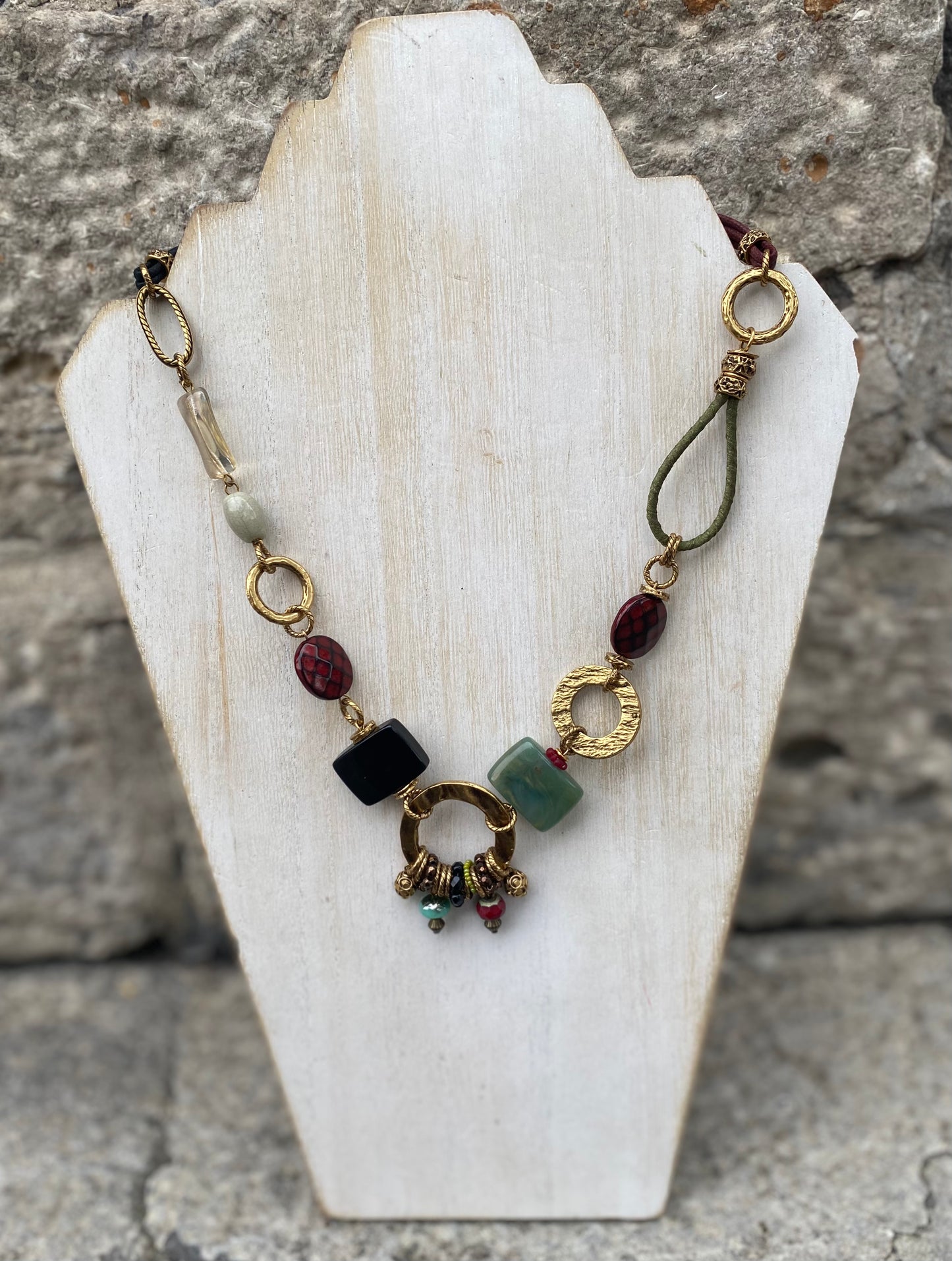 19" Hammered Brass Necklace with Glass Beads on Leather Chord-multi colour stones gold
