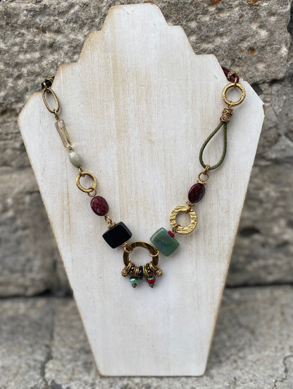 19" Hammered Brass Necklace with Glass Beads on Leather Chord-multi colour stones gold