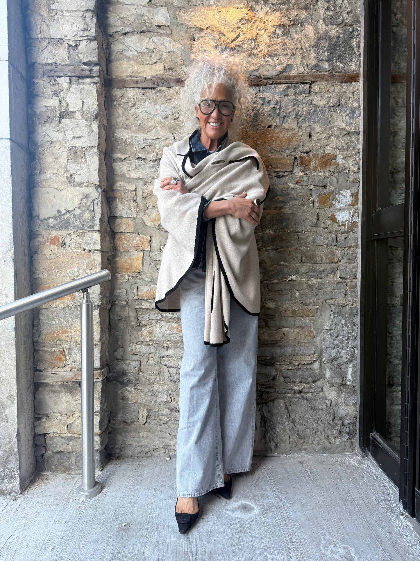 Cashmere Knit Cardigan Poncho - Oatmeal with Black Trim