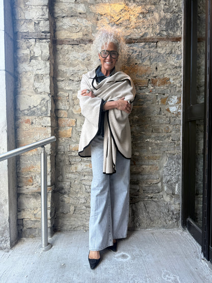 Cashmere Knit Cardigan Poncho - Oatmeal with Black Trim