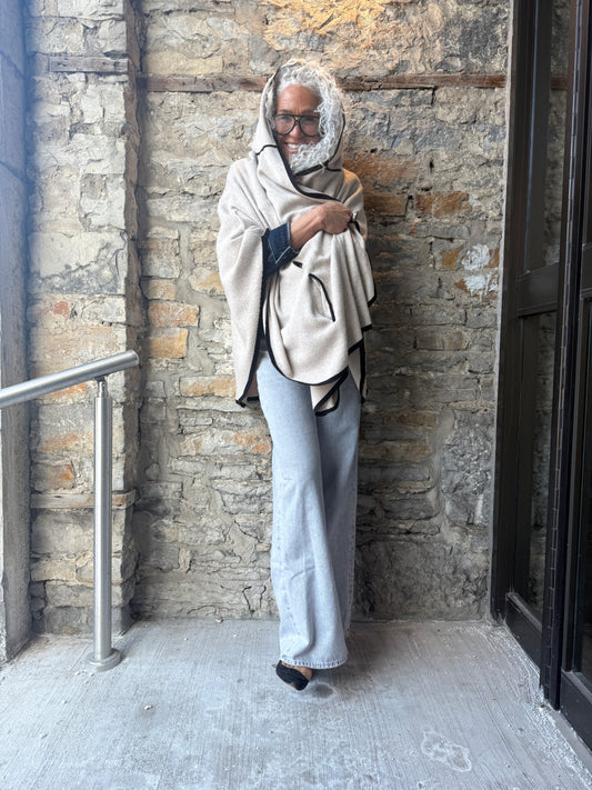 Cashmere Knit Cardigan Poncho - Oatmeal with Black Trim