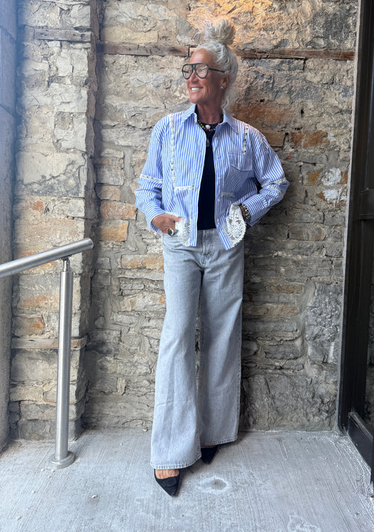 Narrow Pinstripe Shirt with Lace Detail- Chambray Blue with White Pinstripe