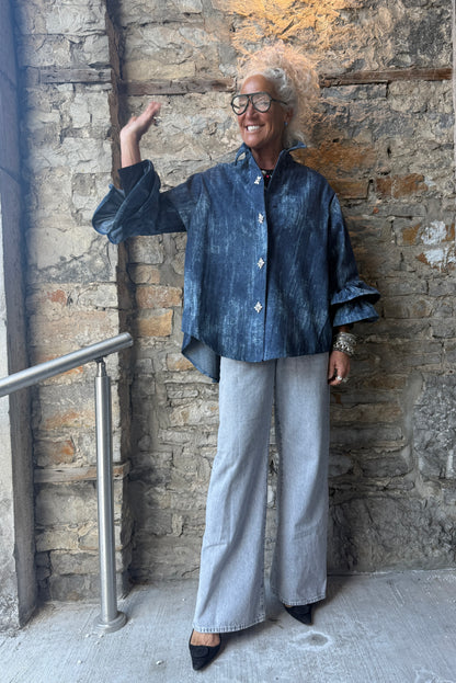 100% Cotton Ruffled Sleeve Acid Wash Denim Shirt -Blue