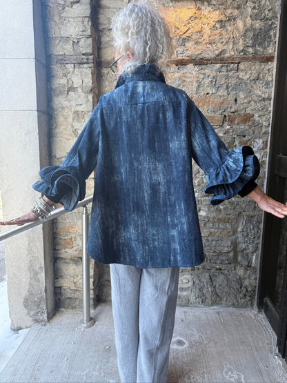 100% Cotton Ruffled Sleeve Acid Wash Denim Shirt -Blue