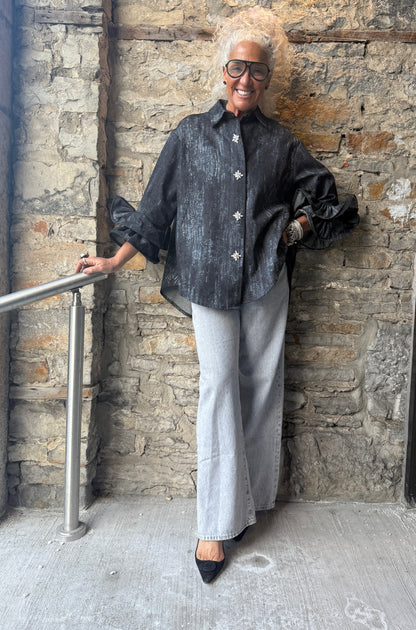 100% Cotton Ruffled Sleeve Acid Wash Denim Shirt -Black