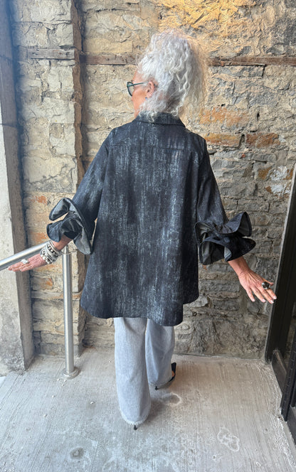 100% Cotton Ruffled Sleeve Acid Wash Denim Shirt -Black