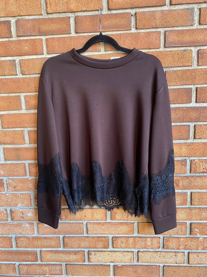 Cropped Scuba Sweatshirt with Lace Trim - BROWN