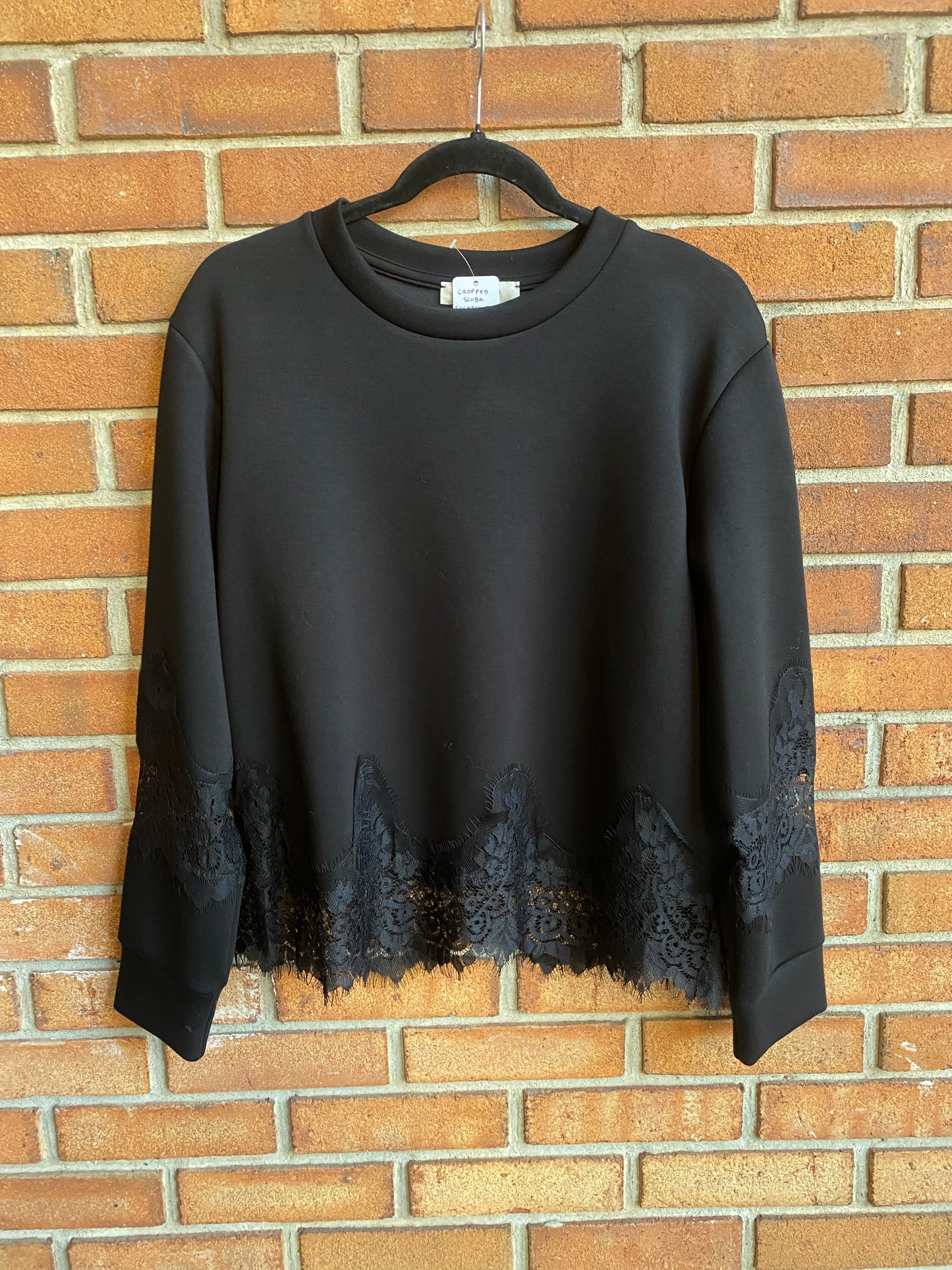 Cropped Scuba Sweatshirt with Lace Trim - BLACK