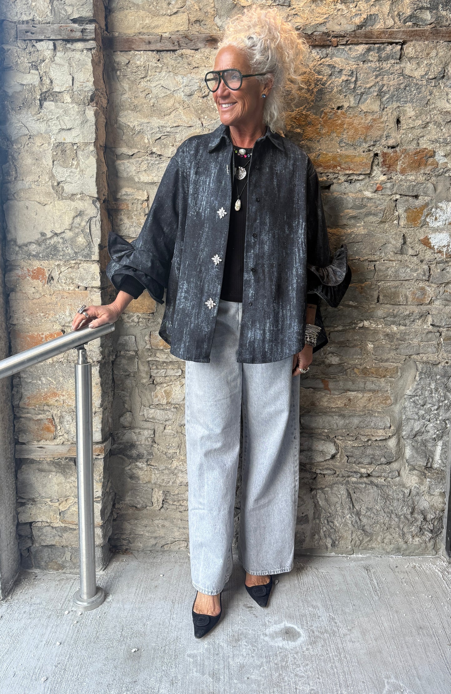 100% Cotton Ruffled Sleeve Acid Wash Denim Shirt -Black