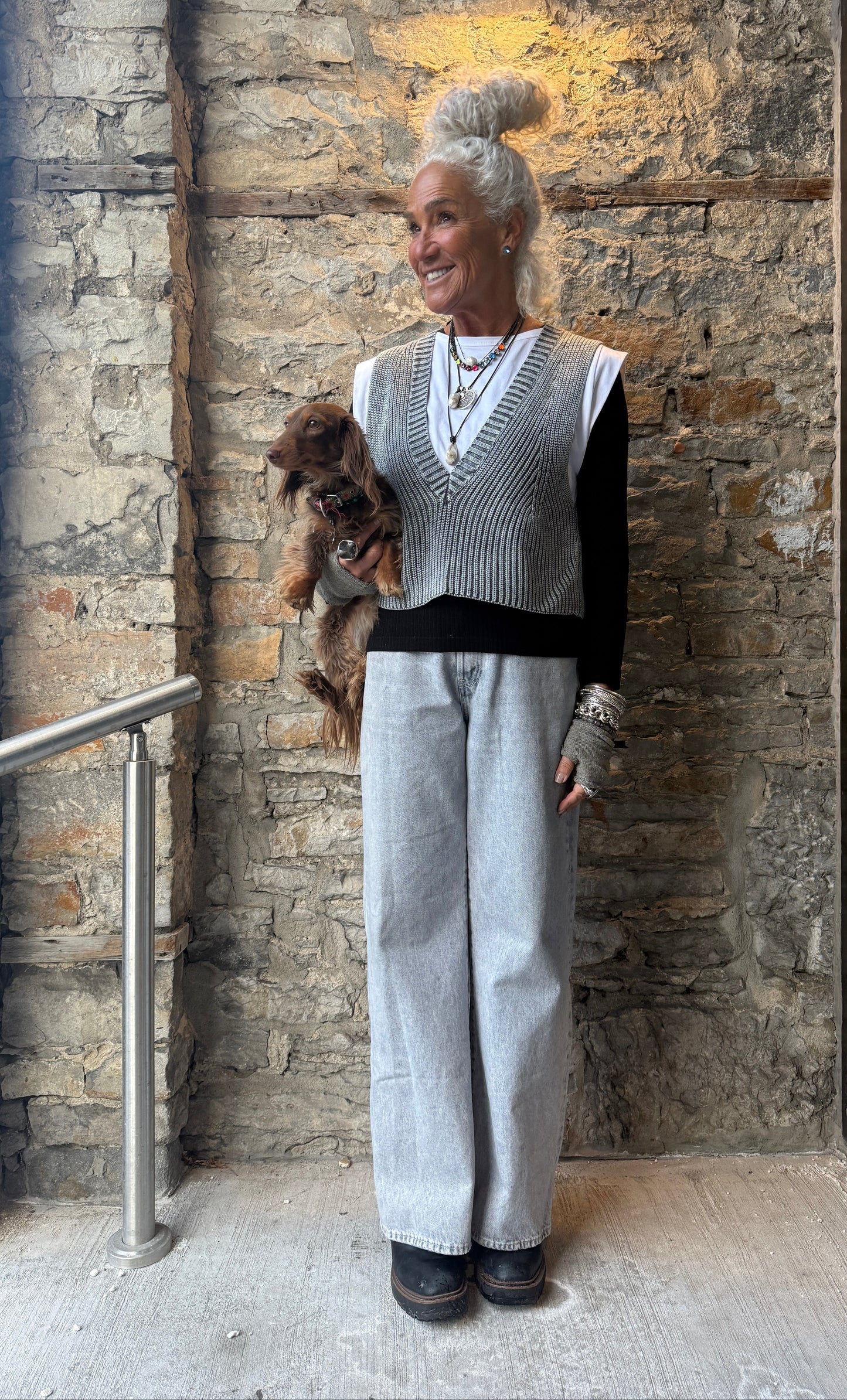 100% Cotton Ribbed  Knit Sweater Vest and attached short sleeve T-shirt- BLUE GREY & WHITE