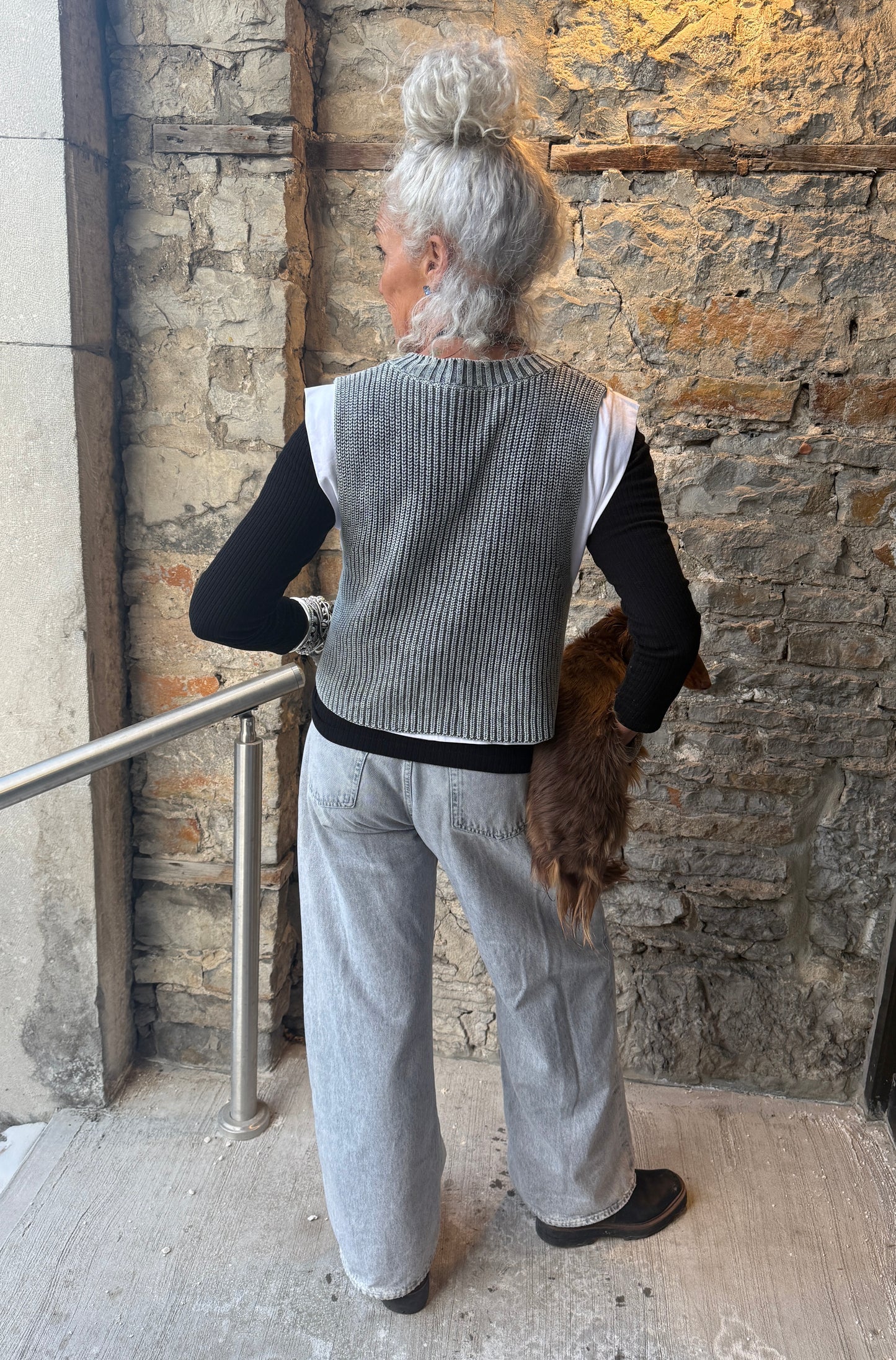 100% Cotton Ribbed  Knit Sweater Vest and attached short sleeve T-shirt- BLUE GREY & WHITE