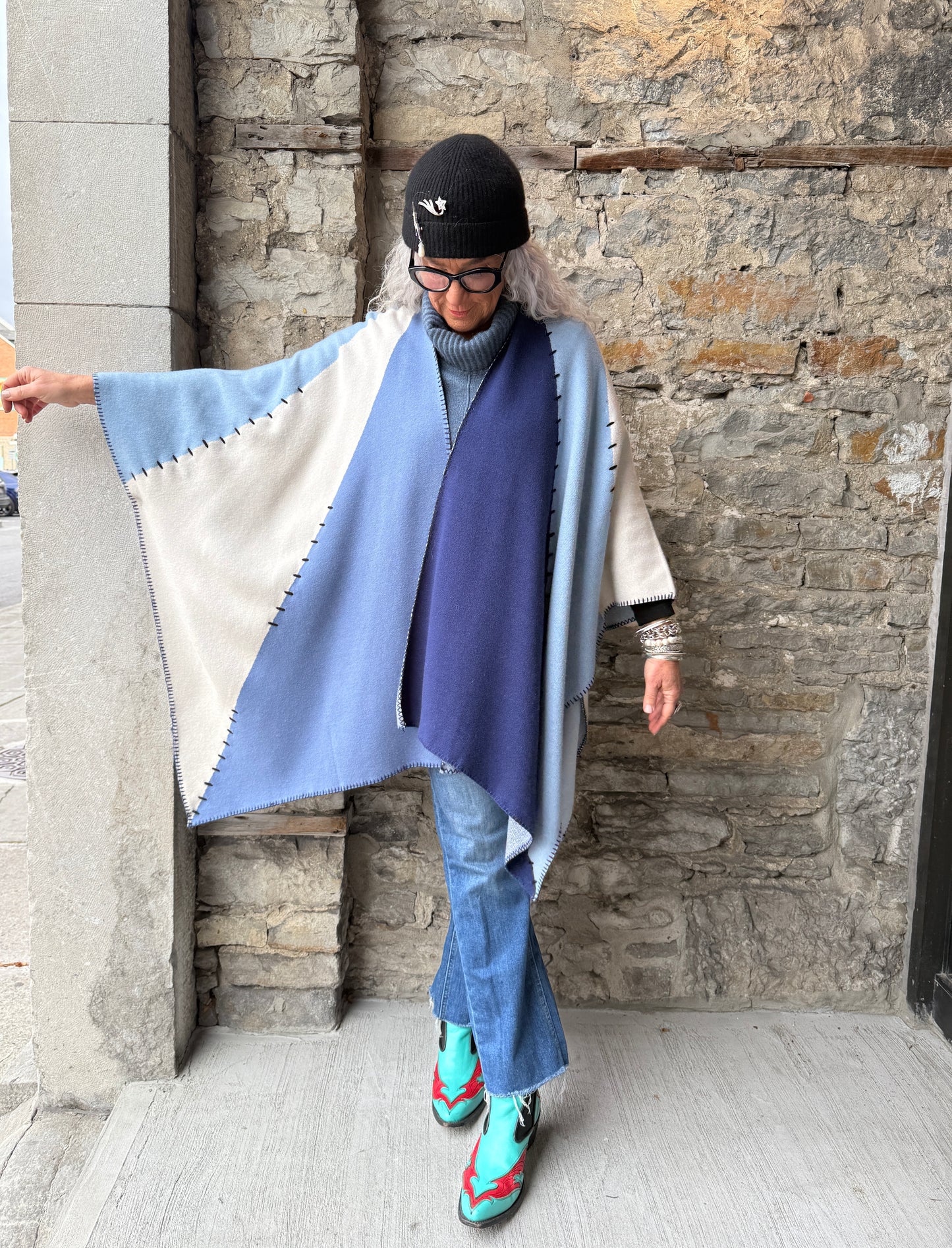 Knit Cape Shawl Scarf Wrap- Blue White Ivory Denim