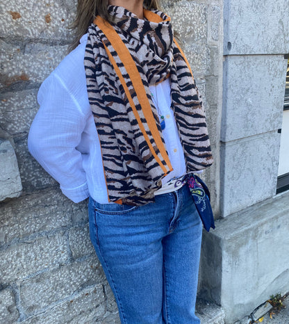 Oblong Orange Stripe Tiger Print Scarf