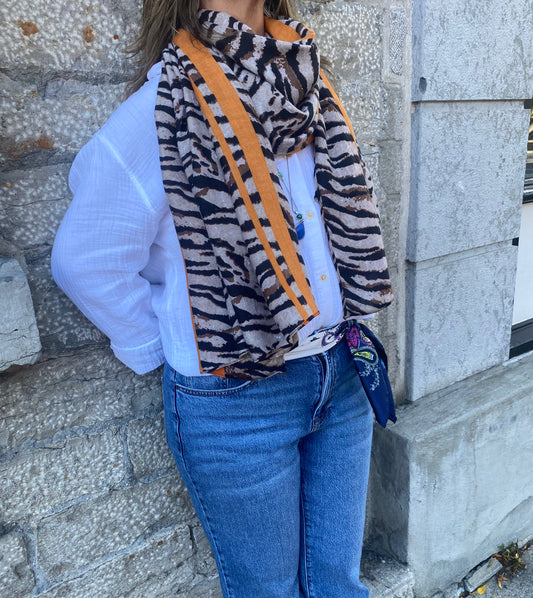 Oblong Orange Stripe Tiger Print Scarf