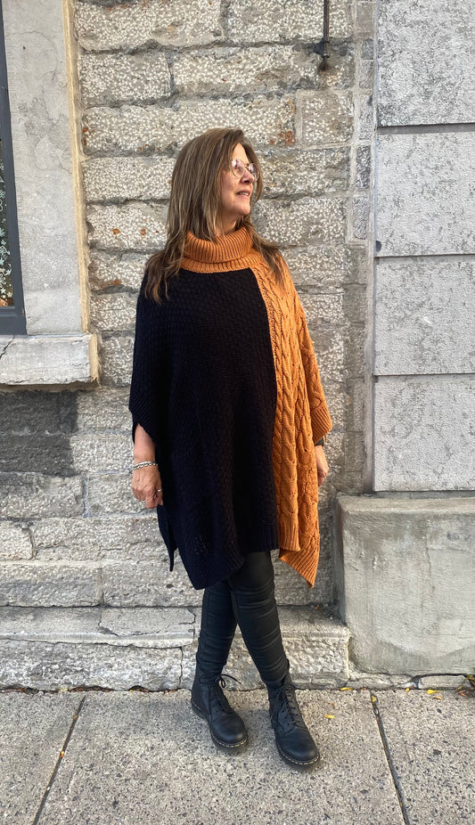 Oversized Cable Knit Colour Block Poncho - BLACK, TAN