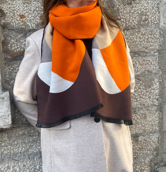 Colour Block Oblong Scarf - ORANGE, TAN, BROWN