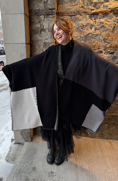 Knit Cape Shawl Scarf Wrap- Black Grey White