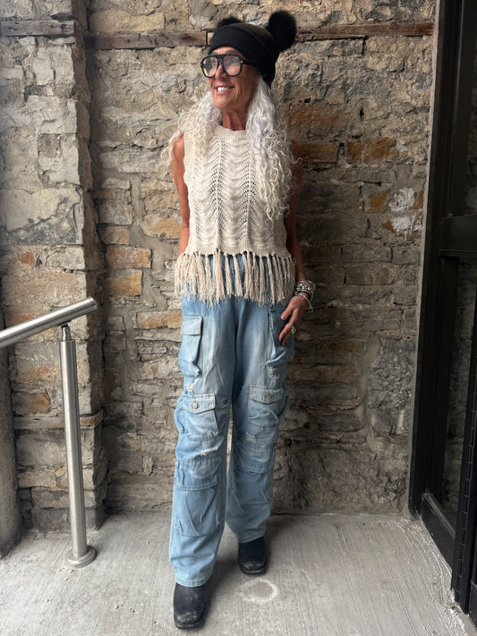 Knit Vest with Fringe- Vanilla