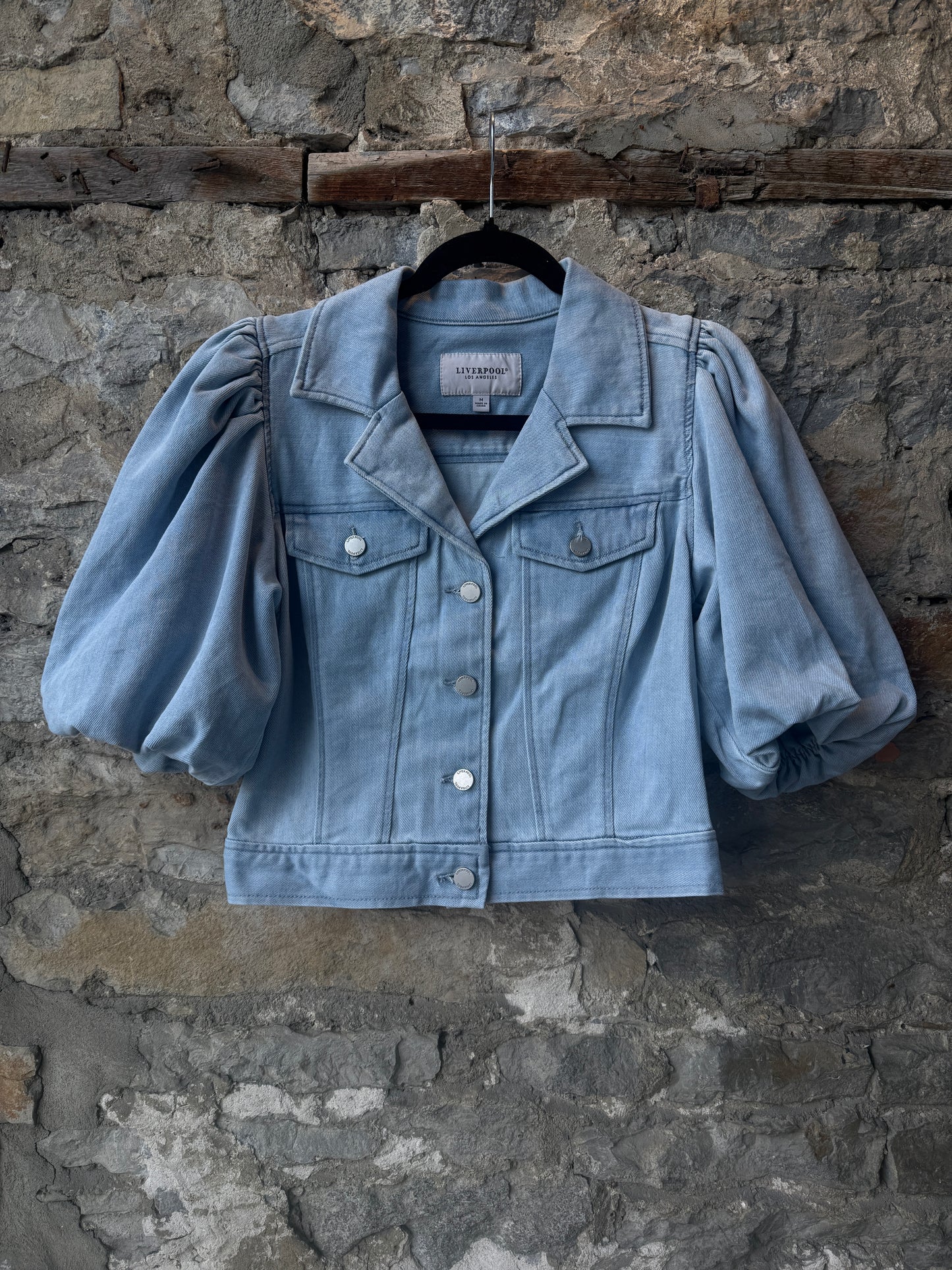 Stretch Cotton Puff Sleeve Cropped Denim Jacket