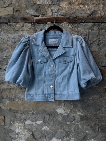 Stretch Cotton Puff Sleeve Cropped Denim Jacket