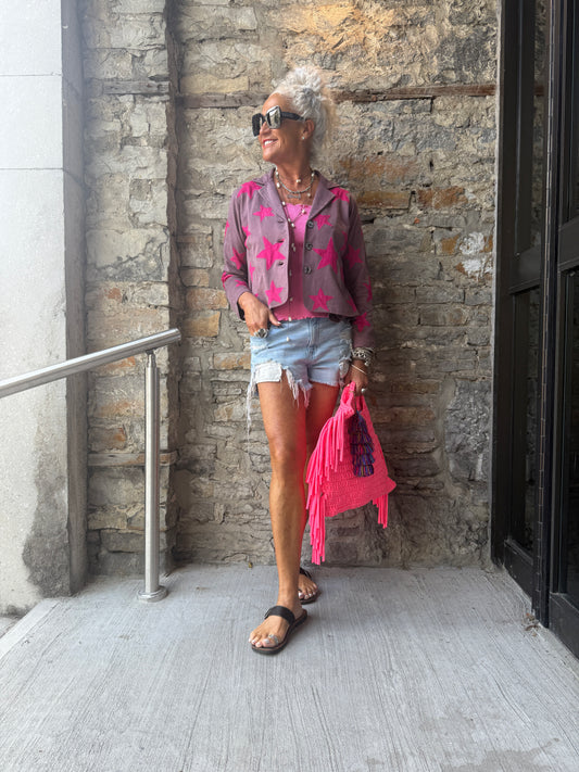 Vintage Wash Cotton Star Blazer - Plum & Fuchsia