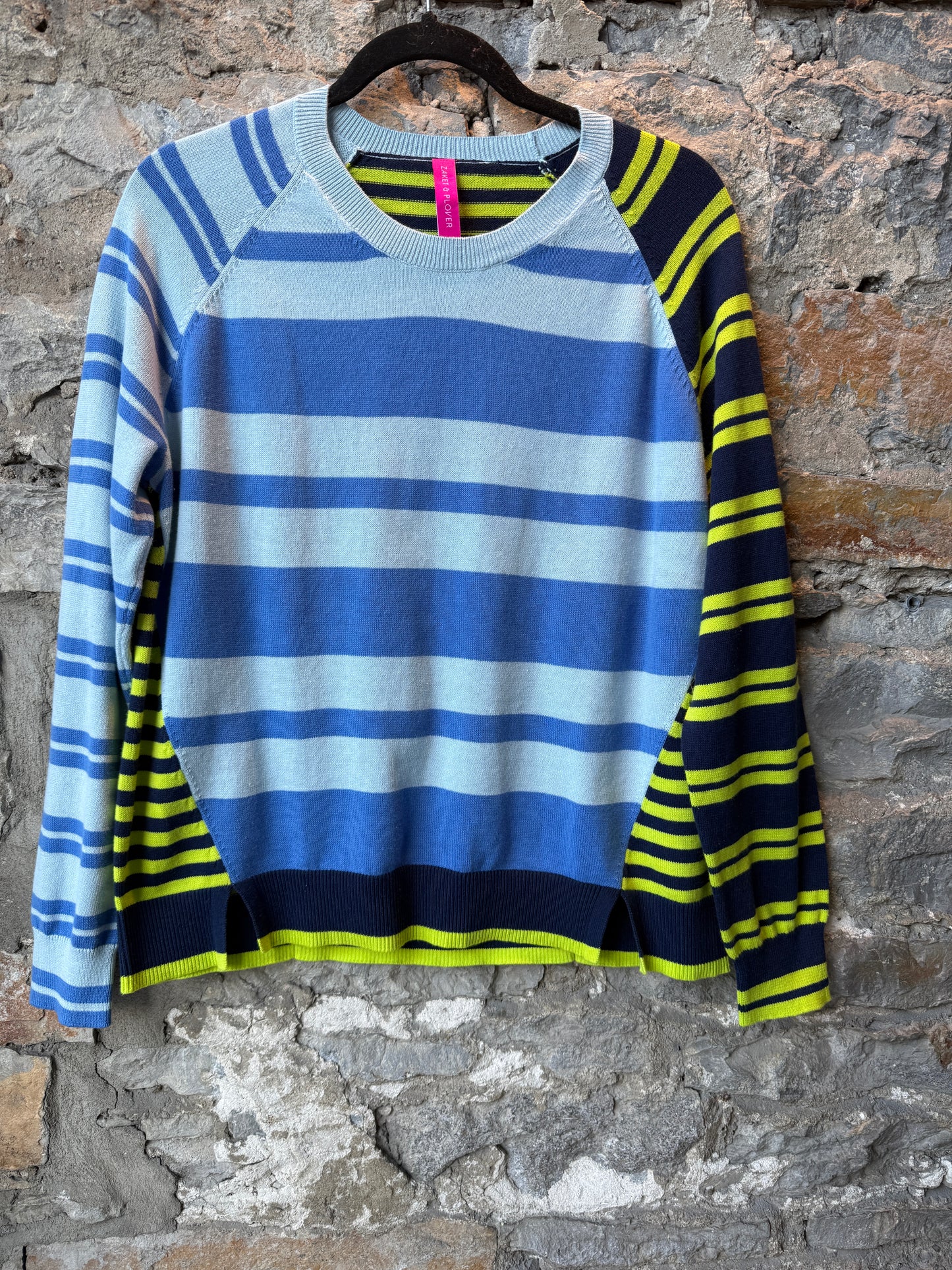 100% Cotton Multi Stripe Crewneck Sweater- Lime Green, Navy Blue, Periwinkle