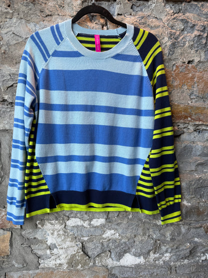 100% Cotton Multi Stripe Crewneck Sweater- Lime Green, Navy Blue, Periwinkle