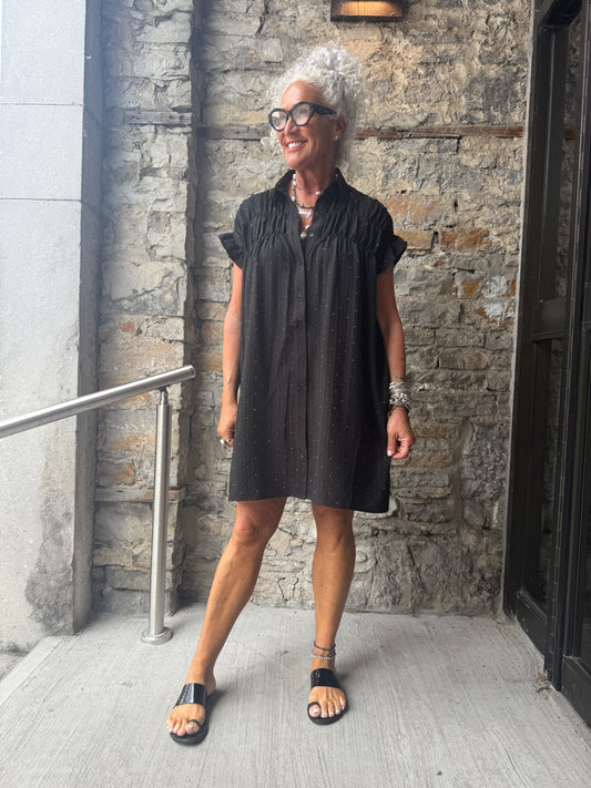 Black Button Front mini rhinestone Tunic/ Dress