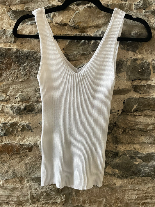 Fine Knit Ribbed Fitted Cotton Tank Top- White