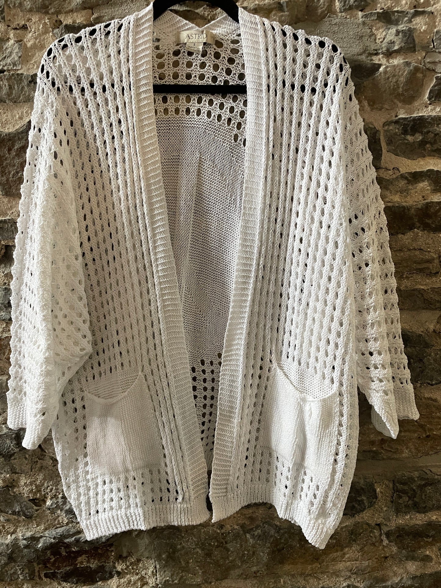 Cotton White open knit cardigan- PEACE sign