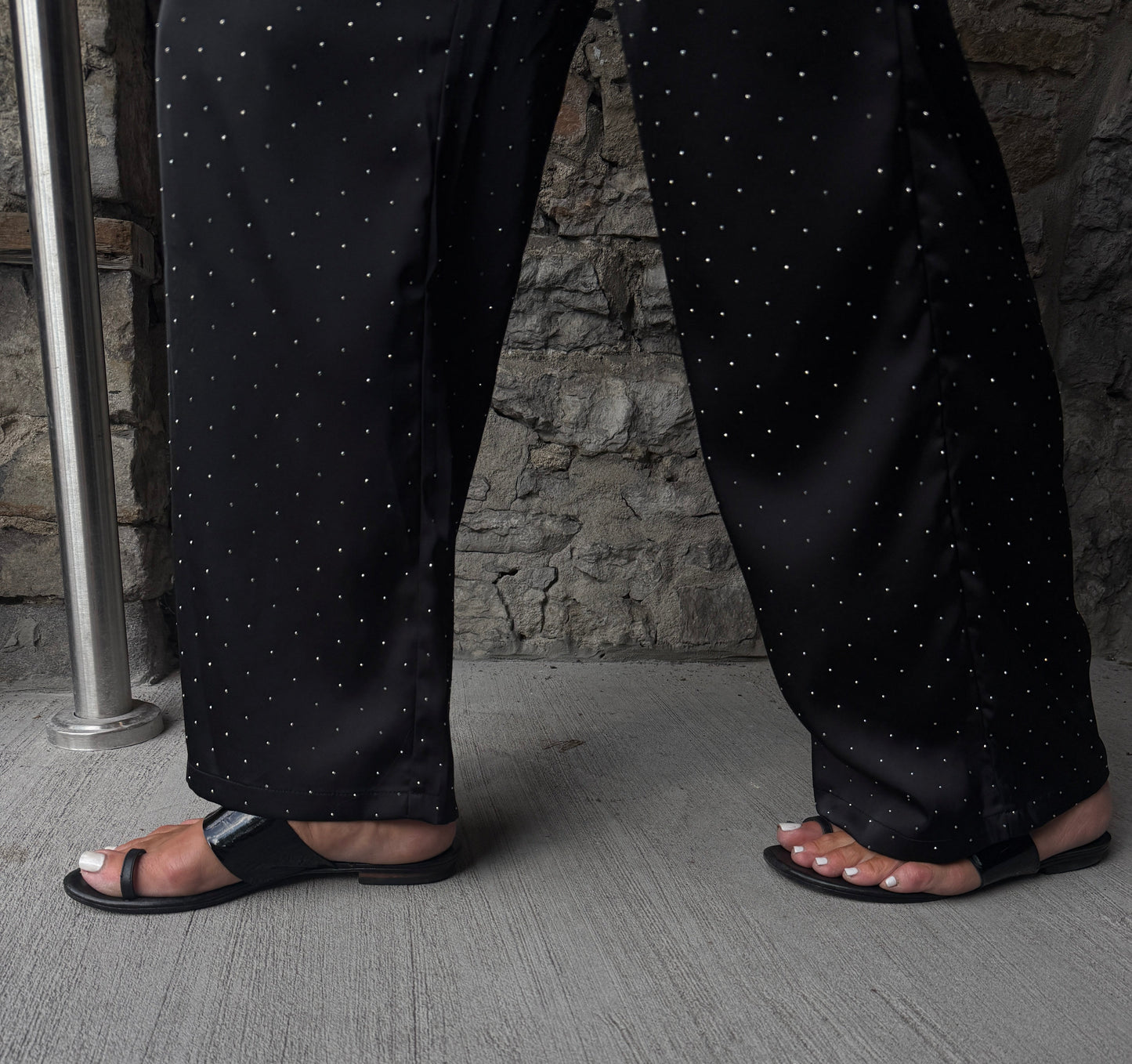 Black Rhinestone Wide Leg Pants