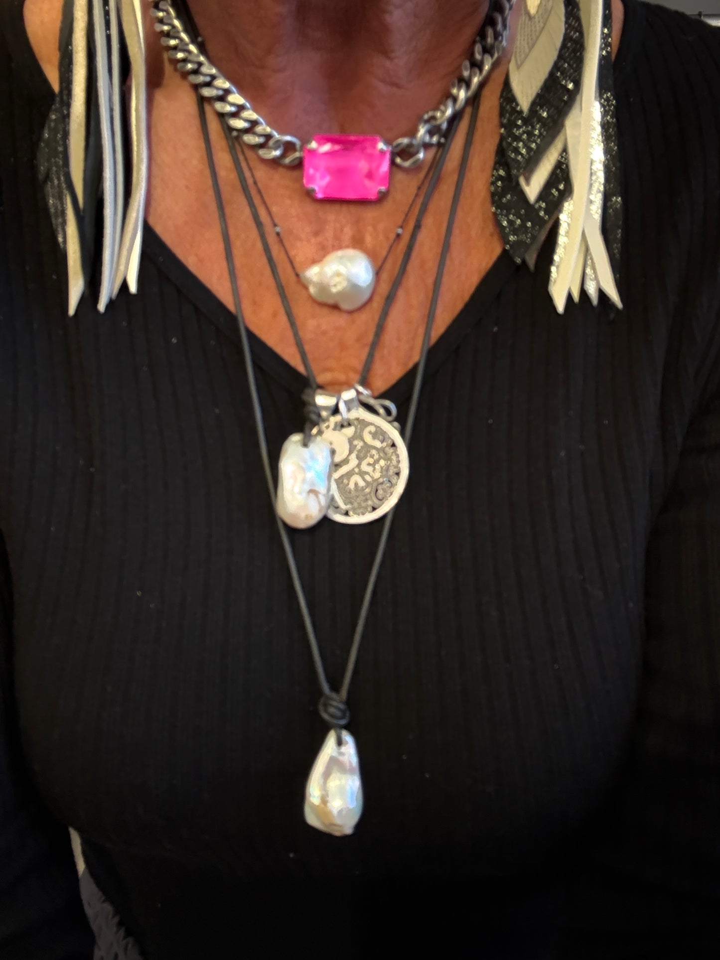 14"  Antique Silver Crystal Necklace- electric PINK