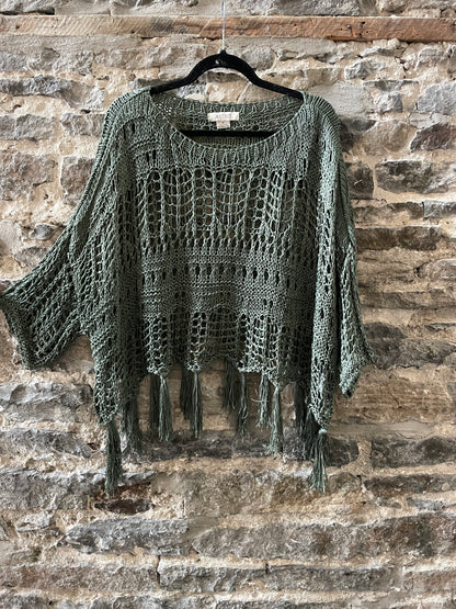 Open Knit Sweater with Fringe - Army Green