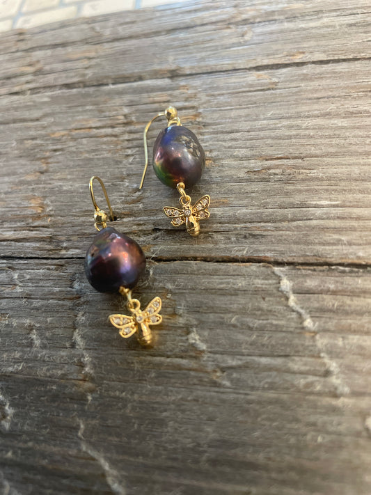 Pearl drop earrings with gold bumble bee  