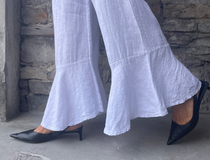 Linen Pant with Ruffle Hem- White