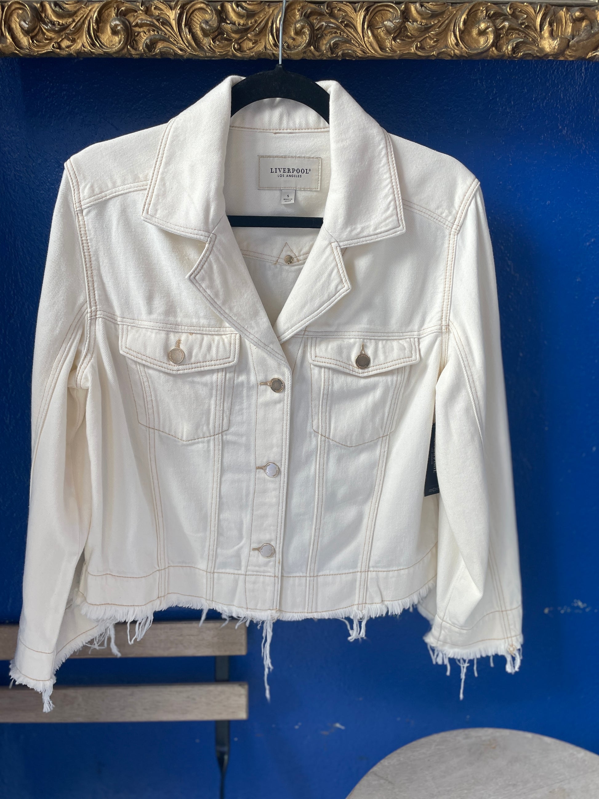 Ivory stretch Jean Jacket with distressed details