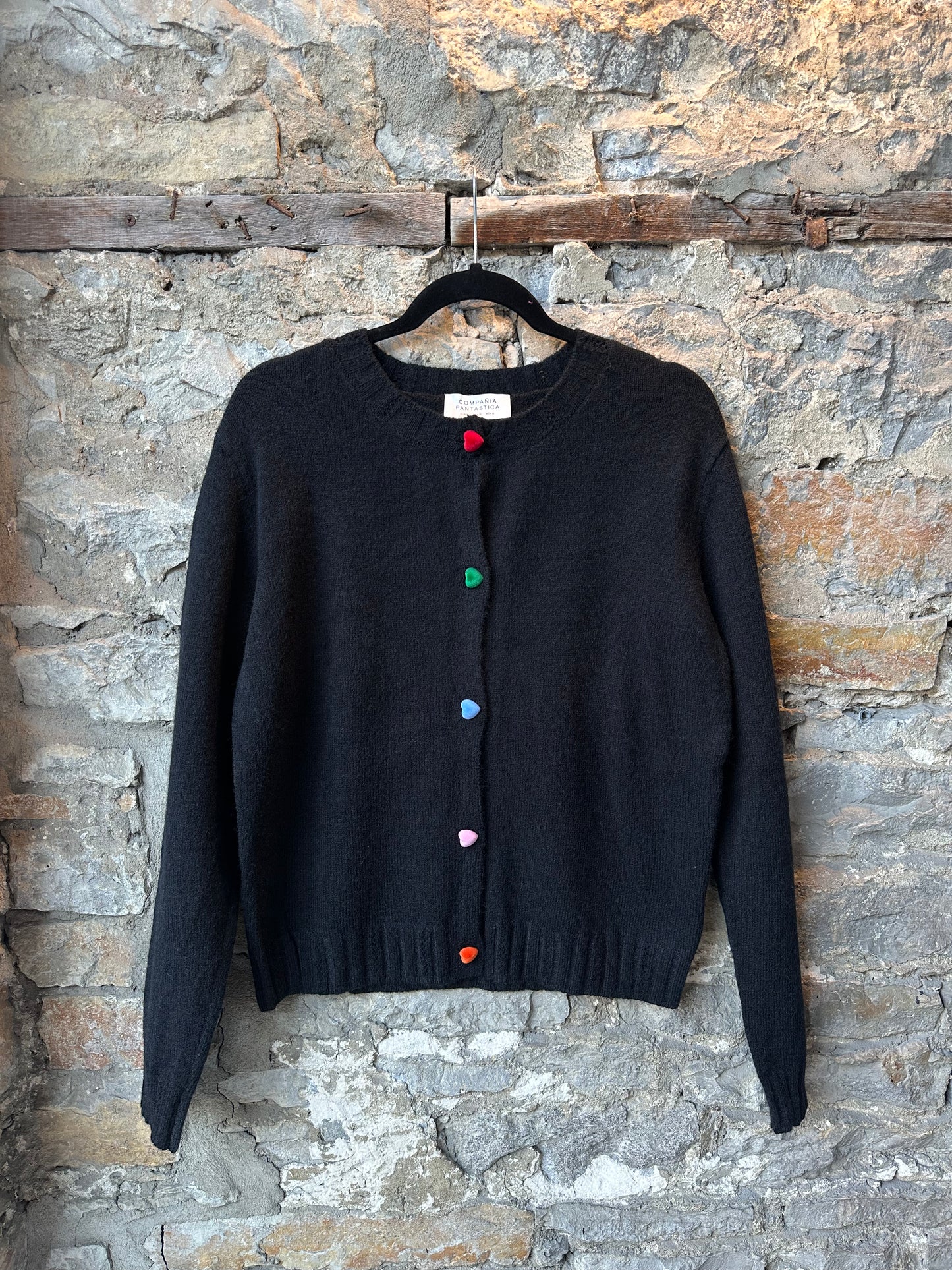 Knit cardigan with velvet heart buttons-Black