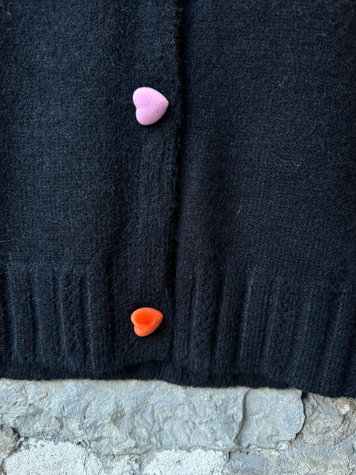 Knit cardigan with velvet heart buttons-Black