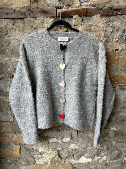 Grey Boucle Knit Sweater with Matte Heart Buttons