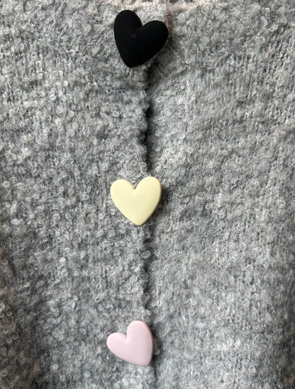 Grey Boucle Knit Sweater with Matte Heart Buttons