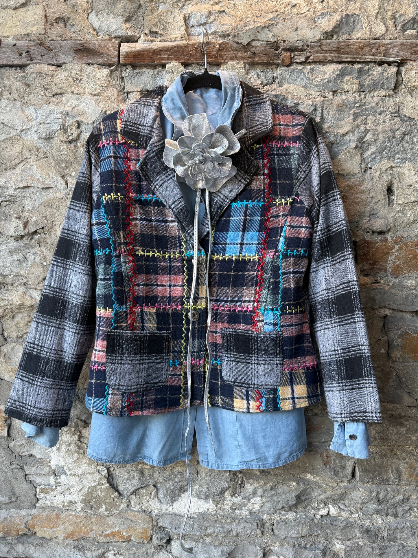 100% Cotton Plaid Multicolour Embroidery Blazer