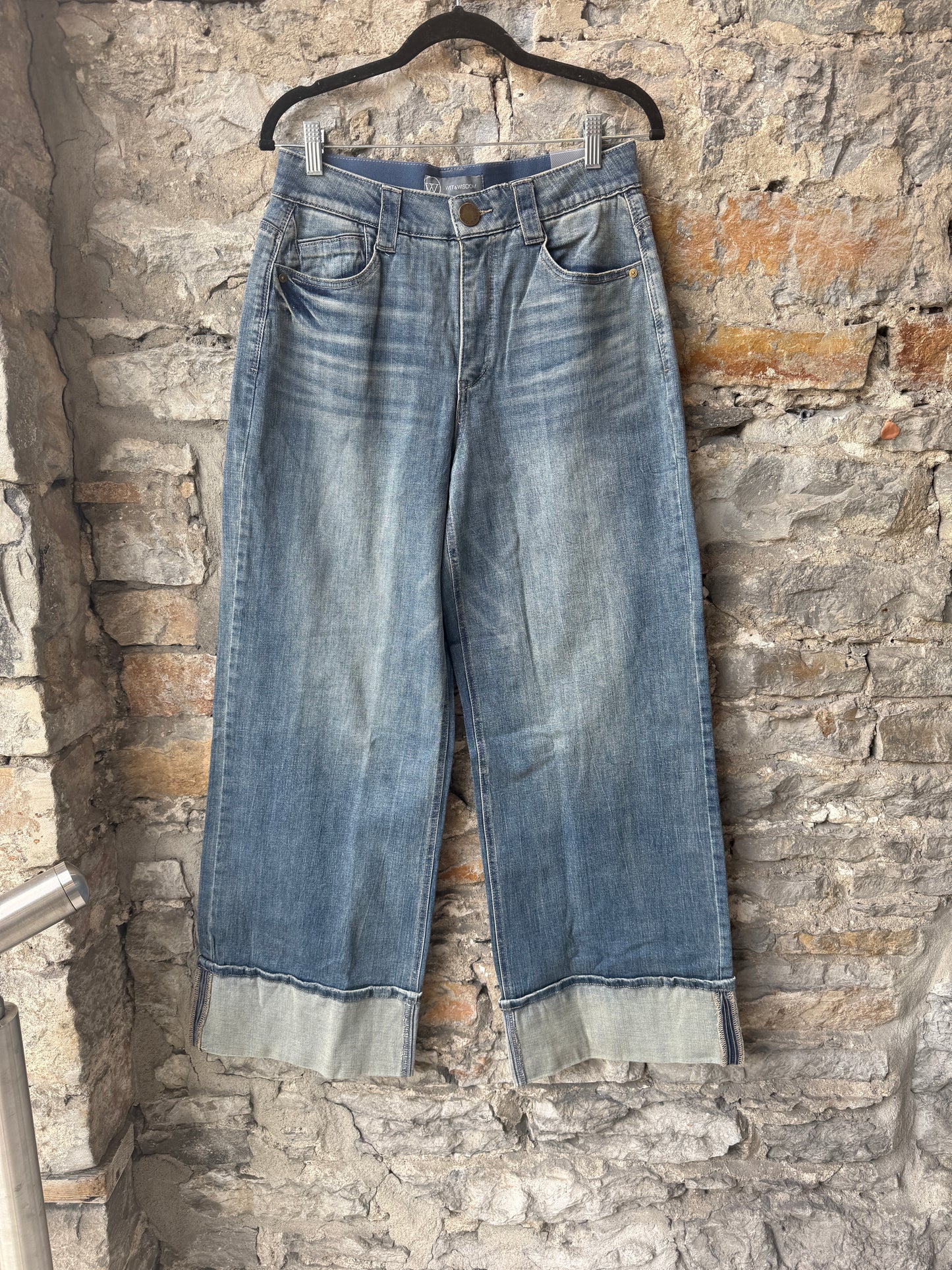 Wide Leg Cuffed Mid Blue Jeans