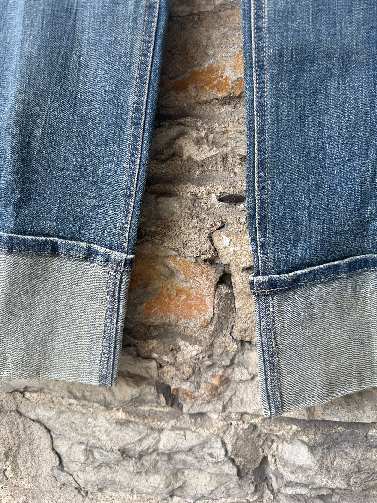 Wide Leg Cuffed Mid Blue Jeans