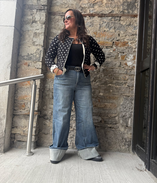 Wide Leg Cuffed Mid Blue Jeans
