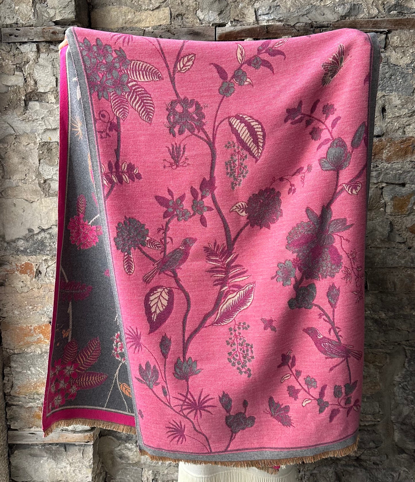 Pink and Grey Floral Pattern Reversible Scarf