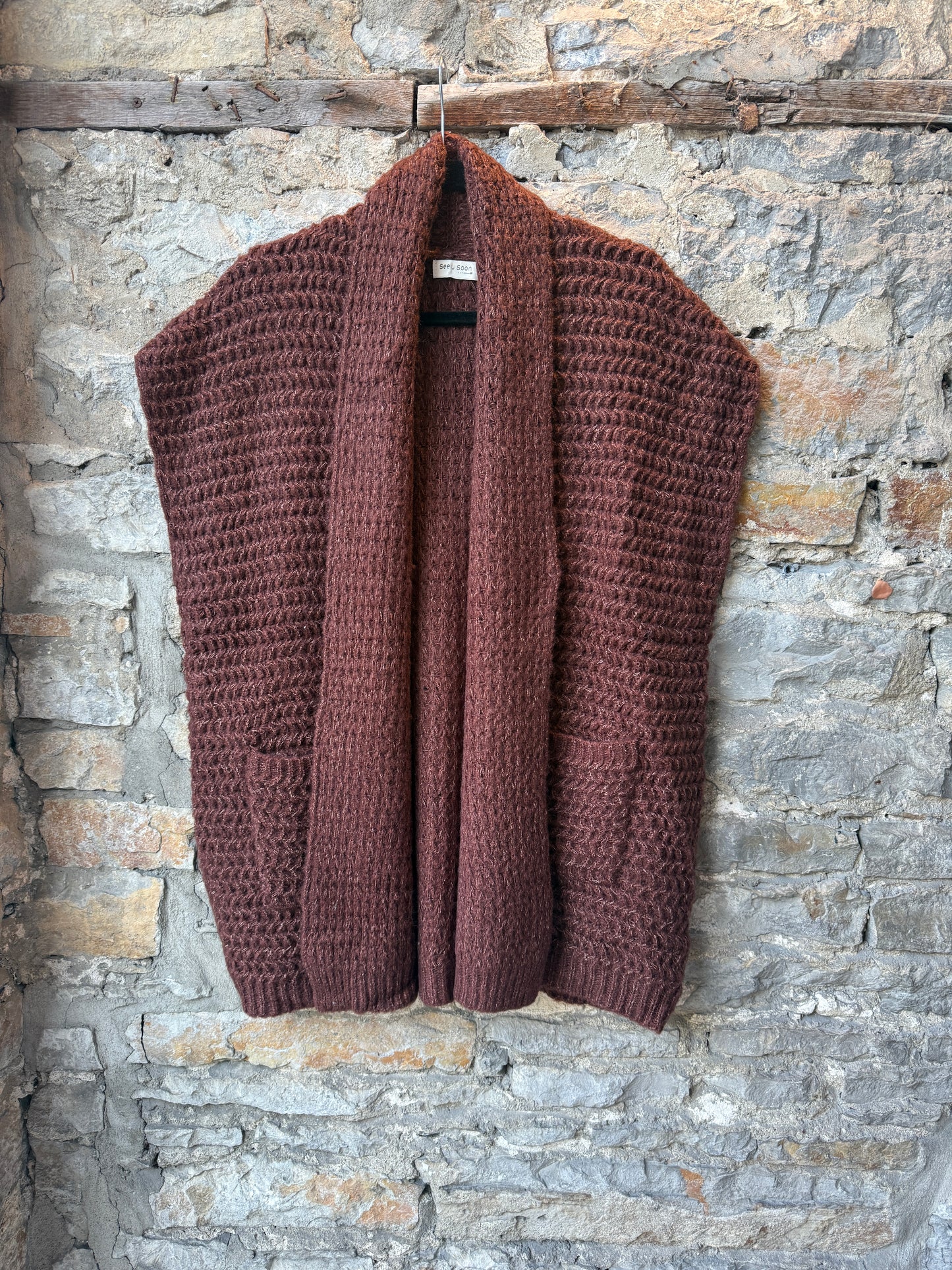 Short Sleeve Open Front Knit Cardigan- Brown