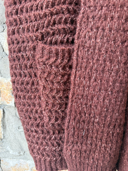 Short Sleeve Open Front Knit Cardigan- Brown